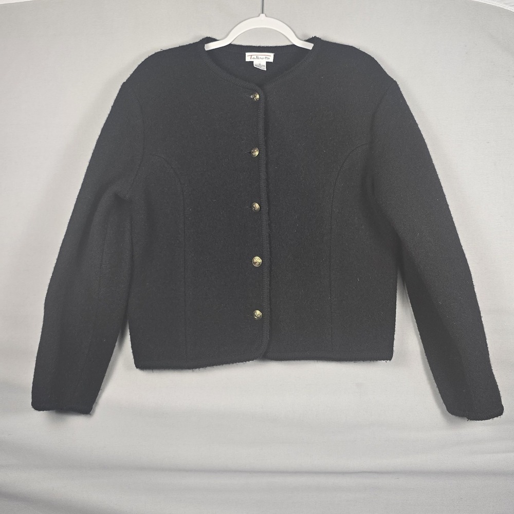 Talbots 10 Black 100%‎ Wool Knit Jacket Cardigan Gold Crest Buttons Classic Prep